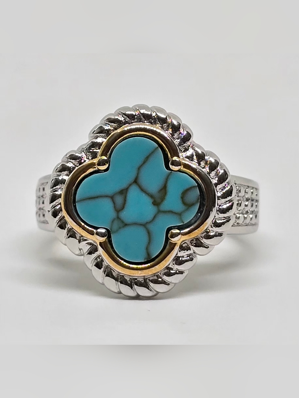Turquoise Clover Inlay Ring - Silver & Gold Accent